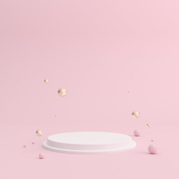 模拟的白色讲台和球在粉红色的背景。最小的风格。3 d渲染。图片下载