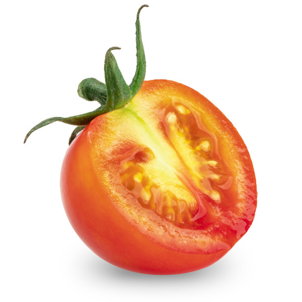 新鲜番茄和切片孤立在白色的背景，番茄在白色的剪切路径。图片下载