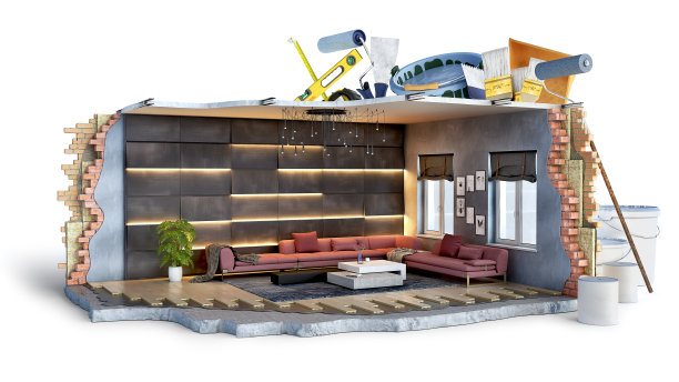 概念部分的房间准备完成涂料工作，3d插图图片下载