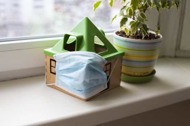 检疫coronovirus概念。窗台上有一个带医用口罩的玩具屋，旁边是花盆里的一朵花图片下载
