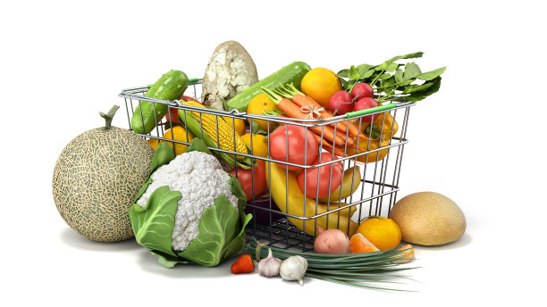 杂货篮与新鲜食品销售的产品概念或杂货设置3d渲染在白色图片下载