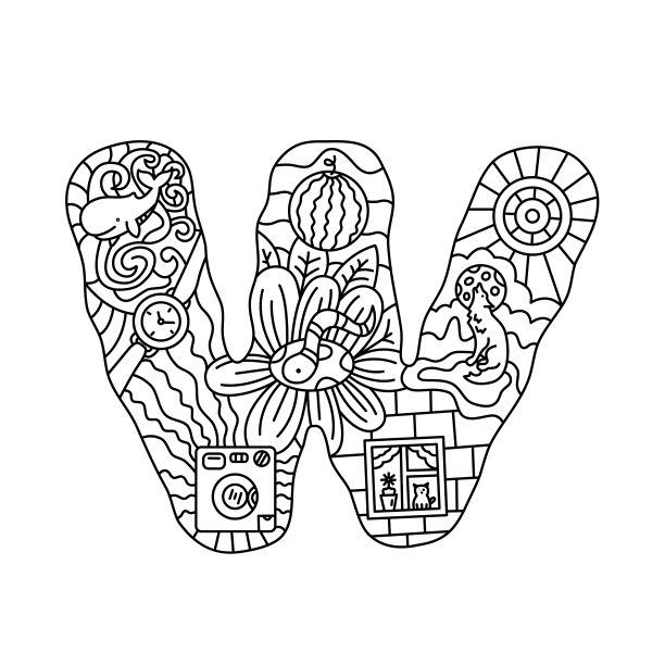 字母表。字母w .着色。可爱的物体孤立在一个白色的背景:鲸鱼，手表，洗衣机，西瓜，蠕虫，窗户，狼，轮子。涂鸦风格。矢量插图。图片下载