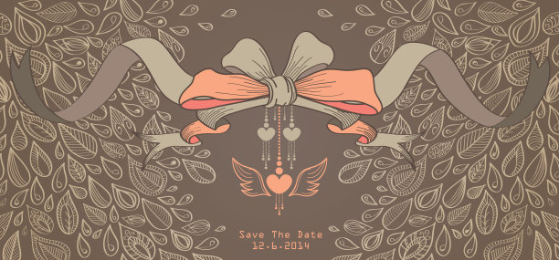 复古复古风格丝带横幅与蜡染花叶背景为婚礼卡片设计图片下载