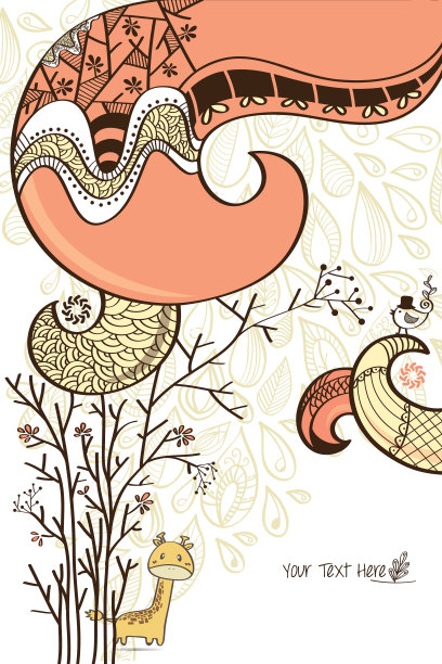 波浪花花卉线条装饰与树和长颈鹿矢量绘图图片下载