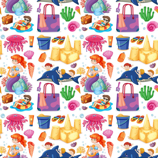 无缝美人鱼和夏季假期图标卡通风格的白色背景图片下载