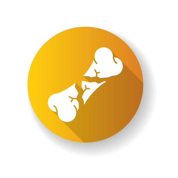 骨折黄色平面设计长阴影字形图标。粉碎,节段骨折。事故。伤害身体的一部分。创伤的治疗。医疗保健。医疗条件。剪影RGB彩色插图图片下载