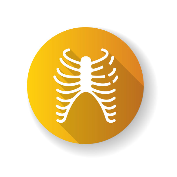 肋骨骨折黄色扁平设计长阴影字形图标。胸部损伤。骨折。受伤的肋骨。事故。医疗保健。医疗条件。伤害身体的一部分。剪影RGB彩色插图图片下载