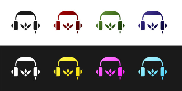 设置耳机冥想图标隔离在黑白背景。向量图片下载