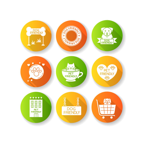 宠物友好标志平面设计长阴影字形图标集。四条腿的朋友可以进入领地，小猫和小狗可以进入，欢迎进入公共场所。剪影RGB彩色插图图片下载