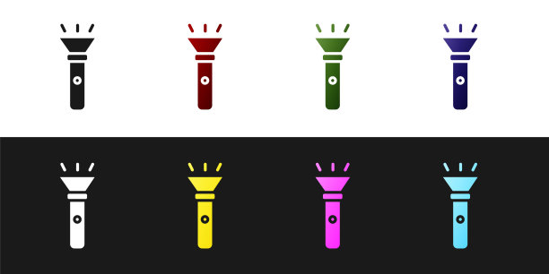 设置手电筒图标隔离在黑色和白色的背景。向量图片下载