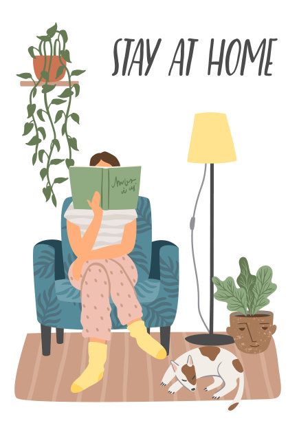 呆在家里。年轻女子坐在扶手椅上看书。矢量插图。图片下载