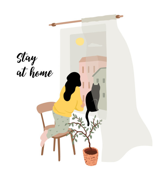 呆在家里。年轻女子望着窗外。矢量图图片下载