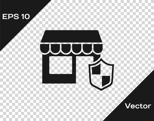 黑色购物建筑与盾牌图标隔离在透明的背景。保险的概念。安全、安全、保护、保护理念。向量图片下载