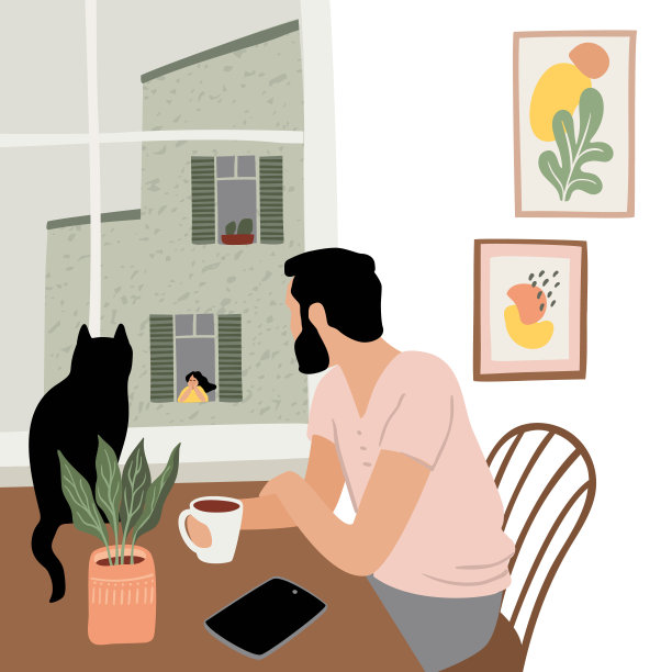 呆在家里。年轻人望着窗外。矢量插图。图片下载