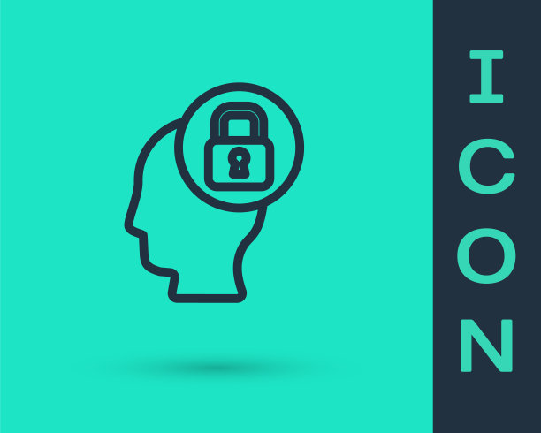 黑线人类头部与锁定图标隔离在绿色背景上。向量图片下载