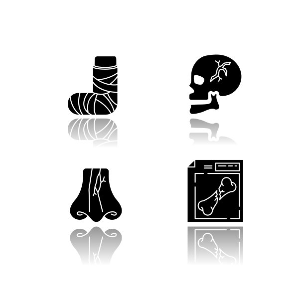 肢体和身体伤害下降阴影黑色象形文字图标集。断脚。颅骨骨折，鼻子骨折。伤害的头骨。鼻子骨折。x射线,MRI扫描。医疗保健。孤立的矢量插图上的空白图片下载