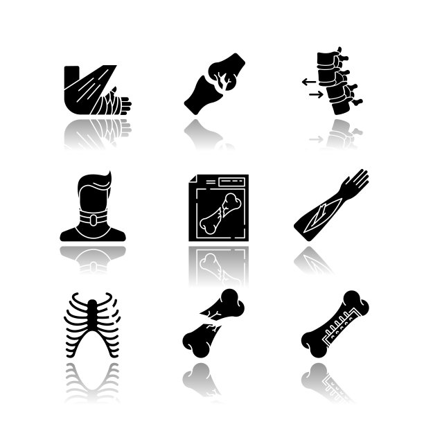身体伤害下降阴影黑色象形文字图标集。骨骼和关节骨折。断了的脖子。颈衣领。挽着绷带。医疗条件。治疗。孤立的矢量插图上的空白图片下载