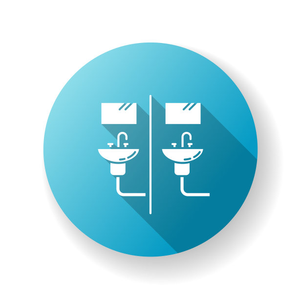 公共浴室蓝色平面设计长阴影字形图标。洗澡的安排。常见的洗手盆。共享浴。宿舍的条件。生活住宿。剪影RGB彩色插图图片下载