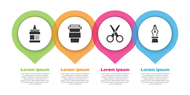 胶水，咖啡杯，剪刀和钢笔笔尖。业务信息模板。向量图片下载