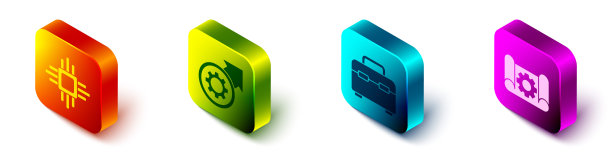 设置等距处理器与微电路CPU，齿轮和箭头作为工作流程，工具箱和绘图纸和齿轮图标。向量图片下载