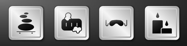 设置堆栈热石头，肥皂和泡沫，眼睛睡眠面膜和燃烧的蜡烛图标。银广场按钮。向量图片下载