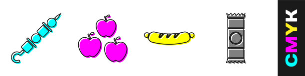 设置烤羊肉串，苹果，热狗三明治和巧克力棒图标。向量图片下载