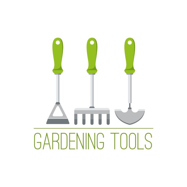 园艺工具标志与锄头，耙子和泥铲。园艺器械广告概念。园艺设计。平面矢量插图与文本。图片下载
