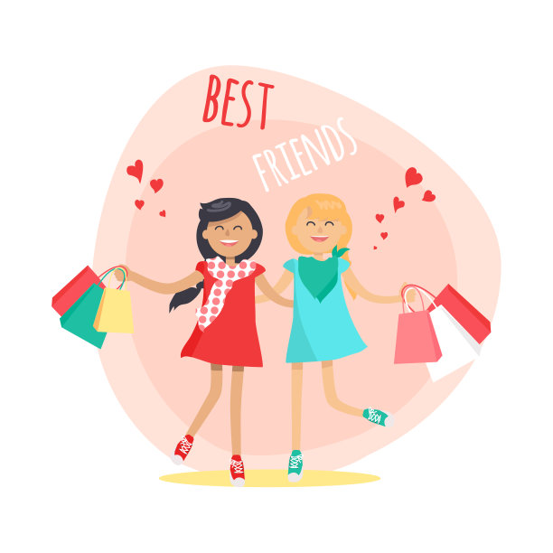 带购物袋的快乐女孩。永远的朋友图片下载