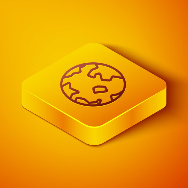 等距线世界图标隔离在橙色背景。在全球销。黄色正方形按钮。矢量图图片下载