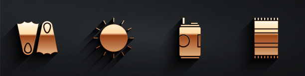 设置橡胶脚蹼，太阳，汽水罐和海滩浴巾图标与长影子。向量图片下载