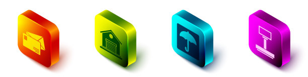 设置等距信封，仓库，雨伞和比例图标。向量图片下载