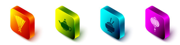 集中国折扇，中国茶道，亚洲面条碗和中国纸灯笼图标。向量图片下载