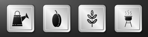 设置喷壶，李子水果，叶子或叶子烧烤图标。银广场按钮。向量图片下载
