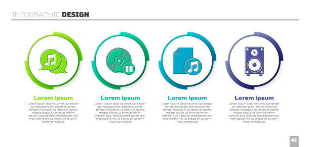 在语音泡中设置音符，黑胶唱片，带音符的音乐书和立体声扬声器。业务信息模板。向量图片下载