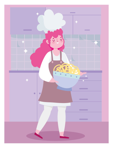 待在家，女厨师用卡通碗里的意大利面，烹饪检疫活动图片下载