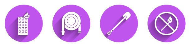 建筑物火灾、消防软管卷盘、消防铲和禁止点火柴图标长阴影矢量图图片下载