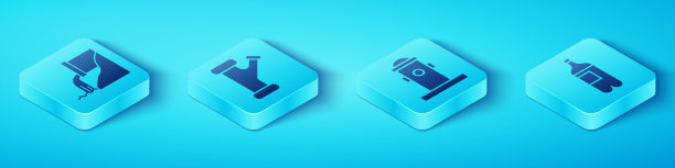 设置等距废水、工业金属管、瓶装水和消防栓图标。向量图片下载