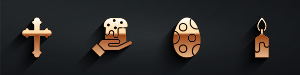 设置基督教十字架，人的手和复活节蛋糕，复活节蛋和燃烧的蜡烛与长影子图标。向量图片下载