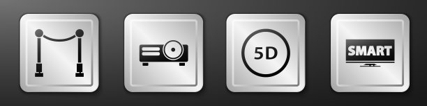 地毯设置障碍，电影，电影，媒体投影机，5d虚拟现实和屏幕电视智能视频图标。银广场按钮。向量图片下载