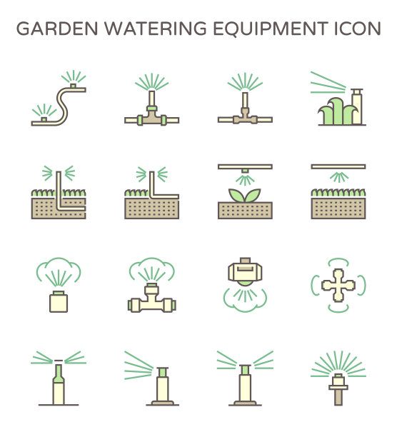 园林浇水设备和洒水器图标设置为自动洒水器系统图形设计元素，可编辑笔画。图片下载
