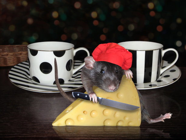 老鼠在茶杯旁切奶酪图片下载