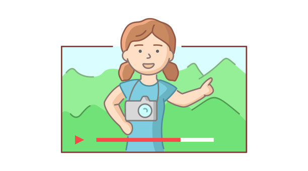 制作视频博客的概念。年轻开朗的女人在山里度假展示拇指和制作视频博客。女孩录制度假视频。卡通线性轮廓扁平风格。矢量图图片下载