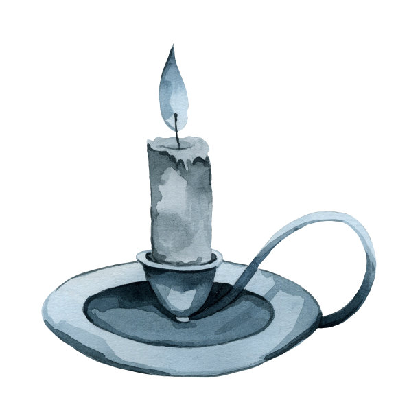 蓝色蜡烛用烛台点燃，水彩画手绘图片下载