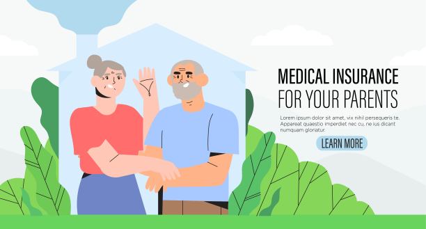 老年人健康保险计划或医疗保险政策。幸福的老夫妇站在一起，拥抱和手牵手。图片下载