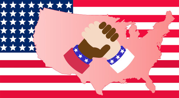 握手。白人和黑人的手。孤立在美国等高线地图上。以美国国旗为背景的插图。图片下载