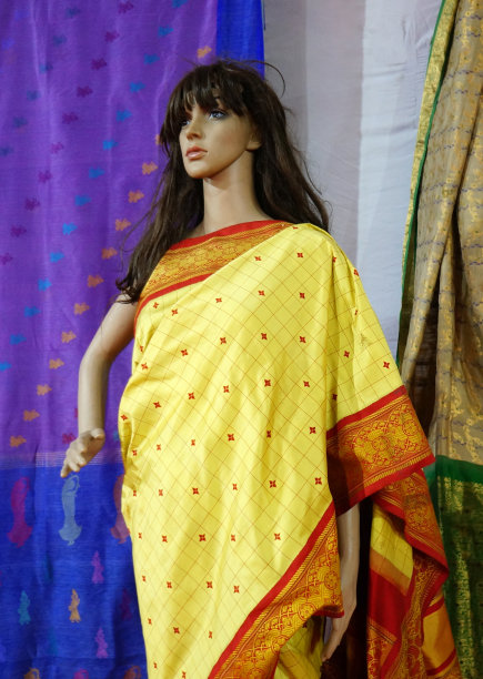 近距离观察穿着印度妇女服装纱丽或纱丽在零售展示人体模型图片下载