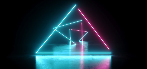 科幻氖激光发光三角形紫色蓝色灯在黑暗的车库地下混凝土金属未来外星飞船现代网络虚拟背景3D渲染图片下载