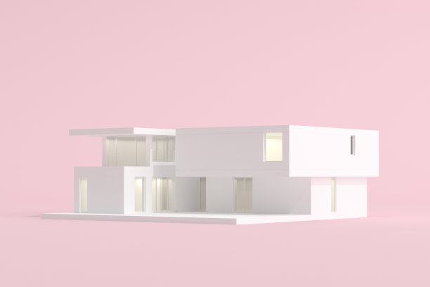 在粉红色背景上模拟建筑。最小。3 d渲染。图片下载