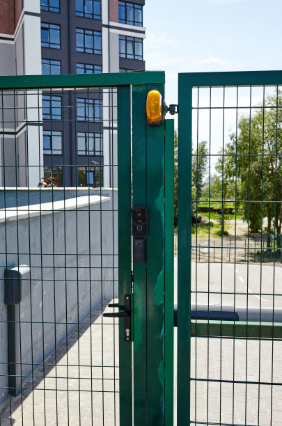 院子的前门。金属丝栅栏。绿色金属车道入口大门。遥控电机自动开摆门是一种家庭安防系统图片下载