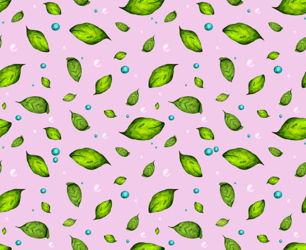 无缝的背景与多汁的绿色叶子和闪亮的水滴。水彩背景纺织品，壁纸，包装或设计插图关于神奇的美丽的自然。图片下载